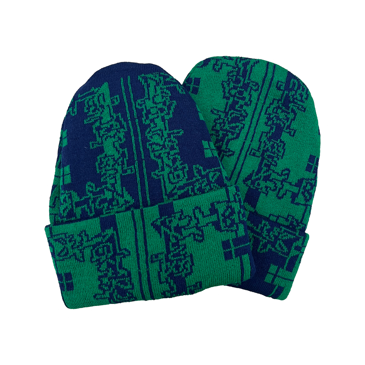 Reversible Checker Fold Beanie - Green/Blue